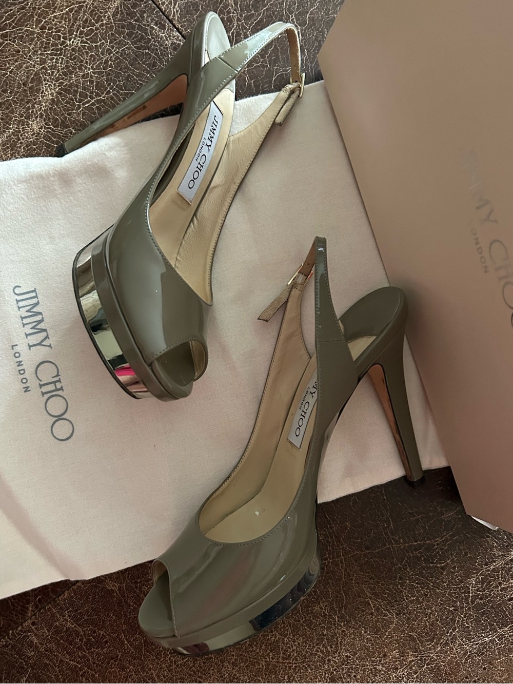 Jimmy Choo Vertigo Patent Leather Slingback Peep-Toe Pumps Pebble Palladium